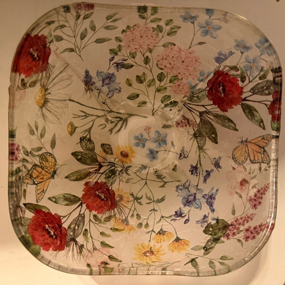 no name Other - Floral Glass Makeup Bowl Organizer with Red and Green Accents